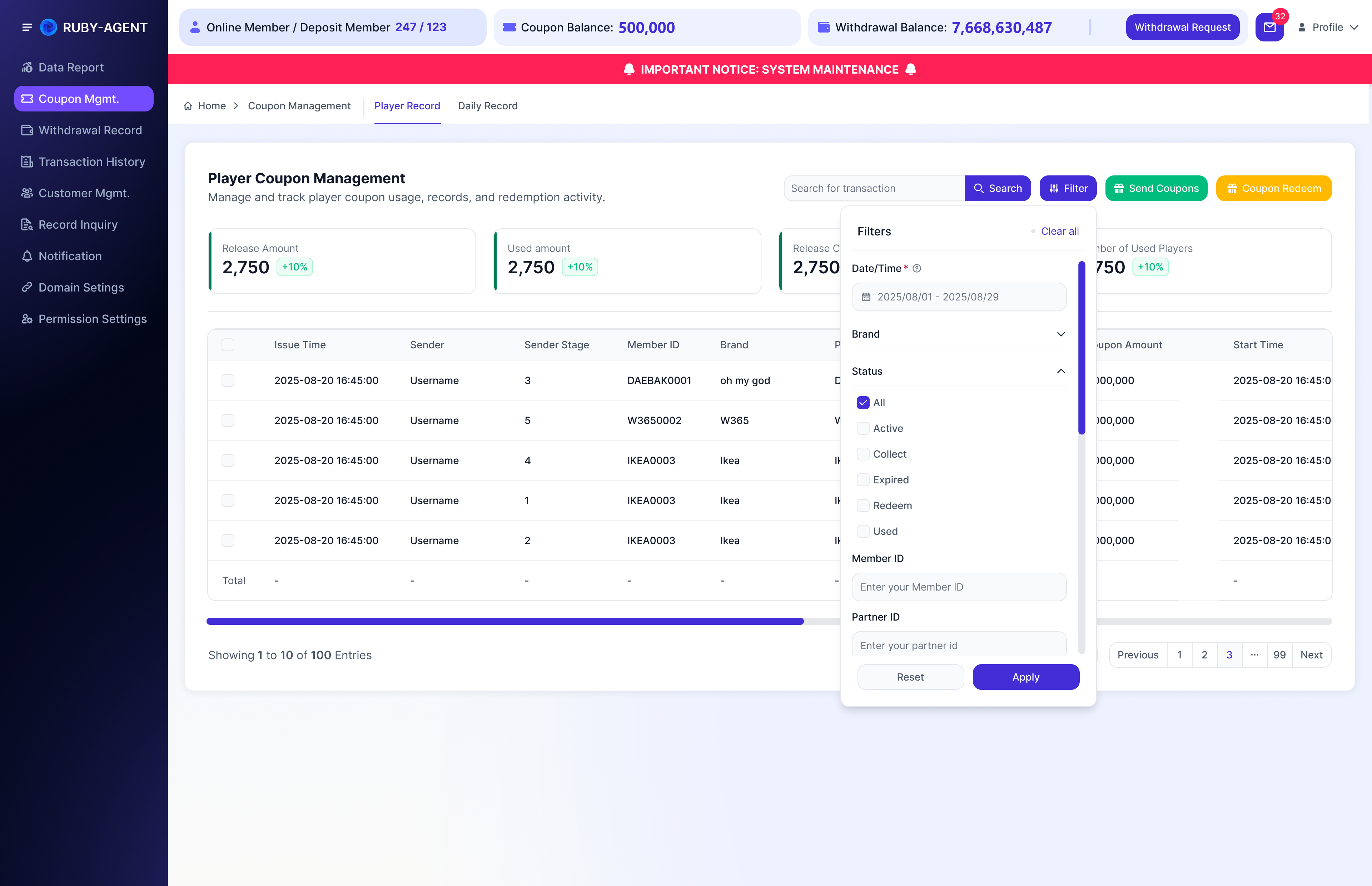 Coupon Mgmt. - 1.5 筛选状态