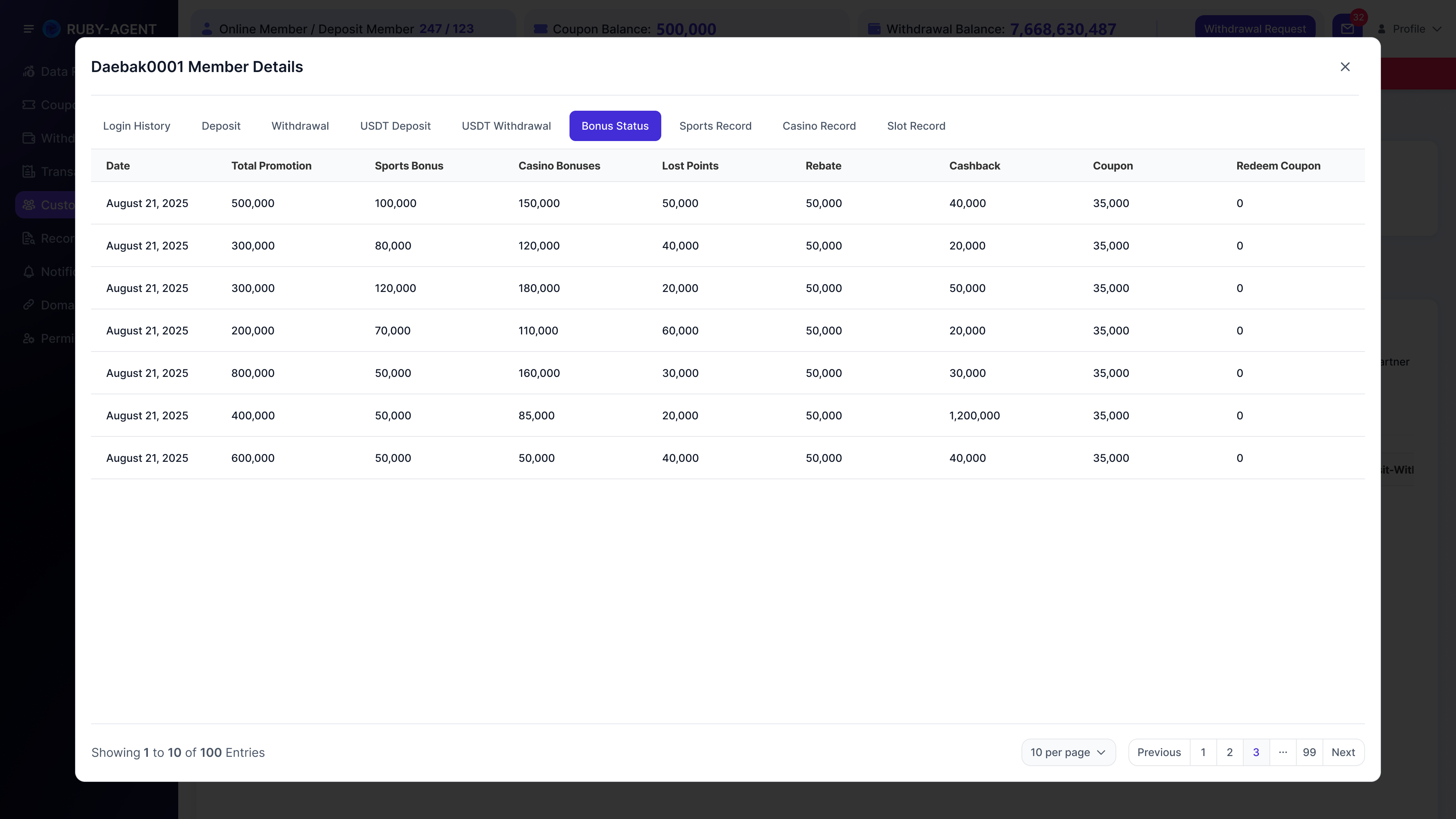Customer Mgmt. - 3.6 Member Detail - Bonus Status