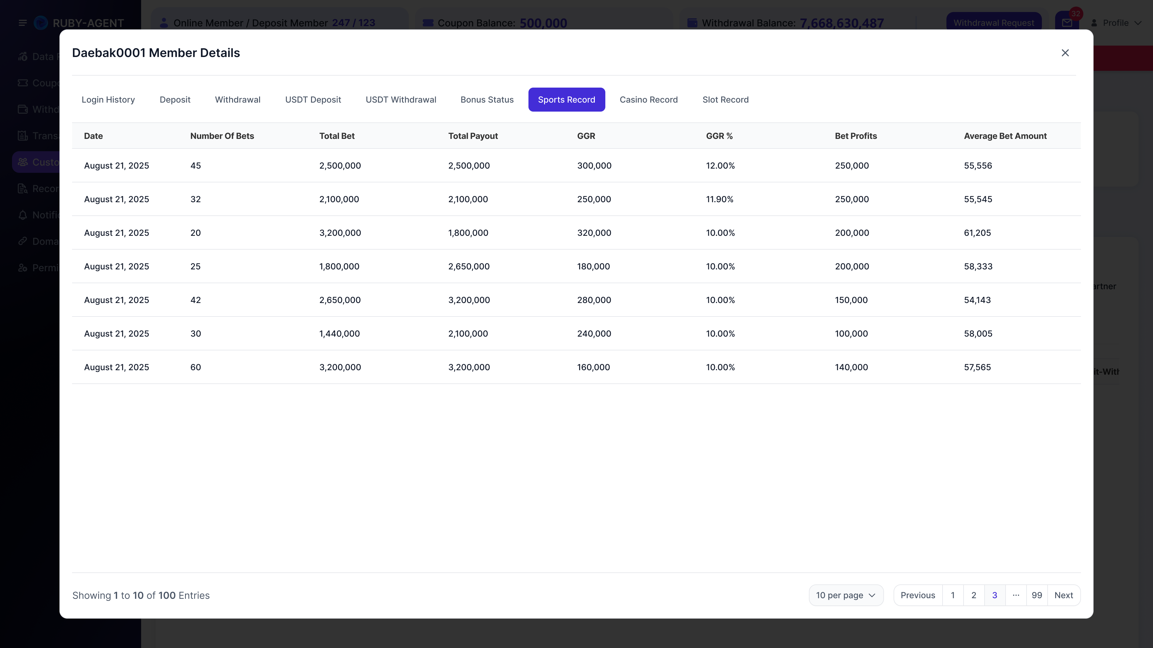 Customer Mgmt. - 3.7 Member Detail - Sports Record