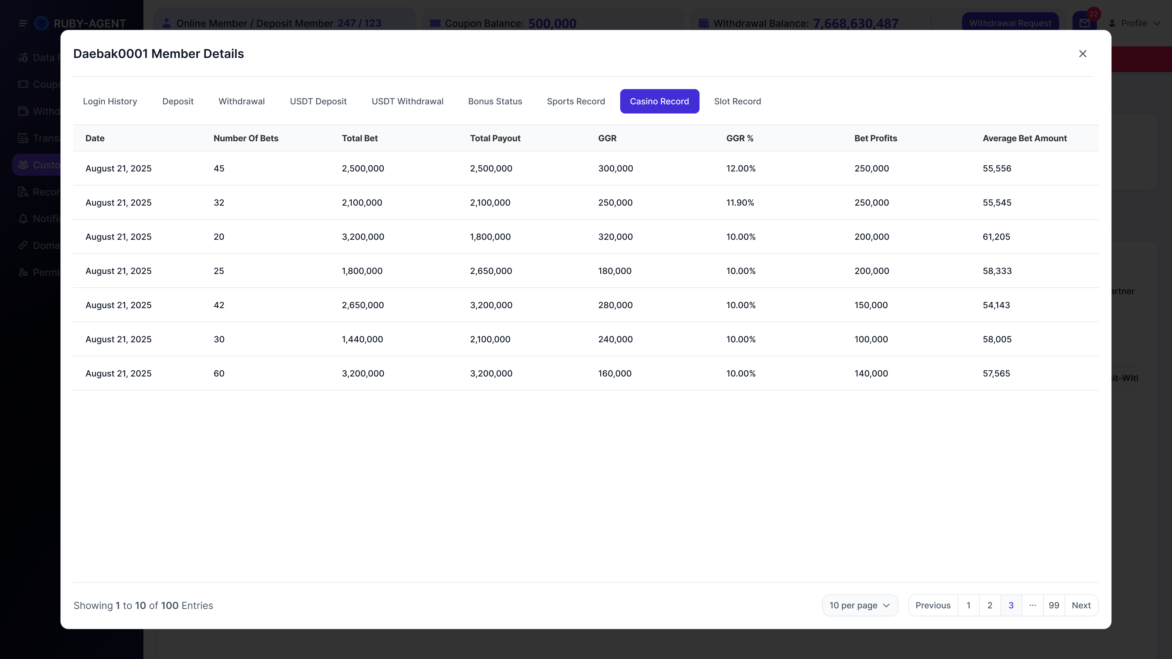 Customer Mgmt. - 3.8 Member Detail - Casino Record