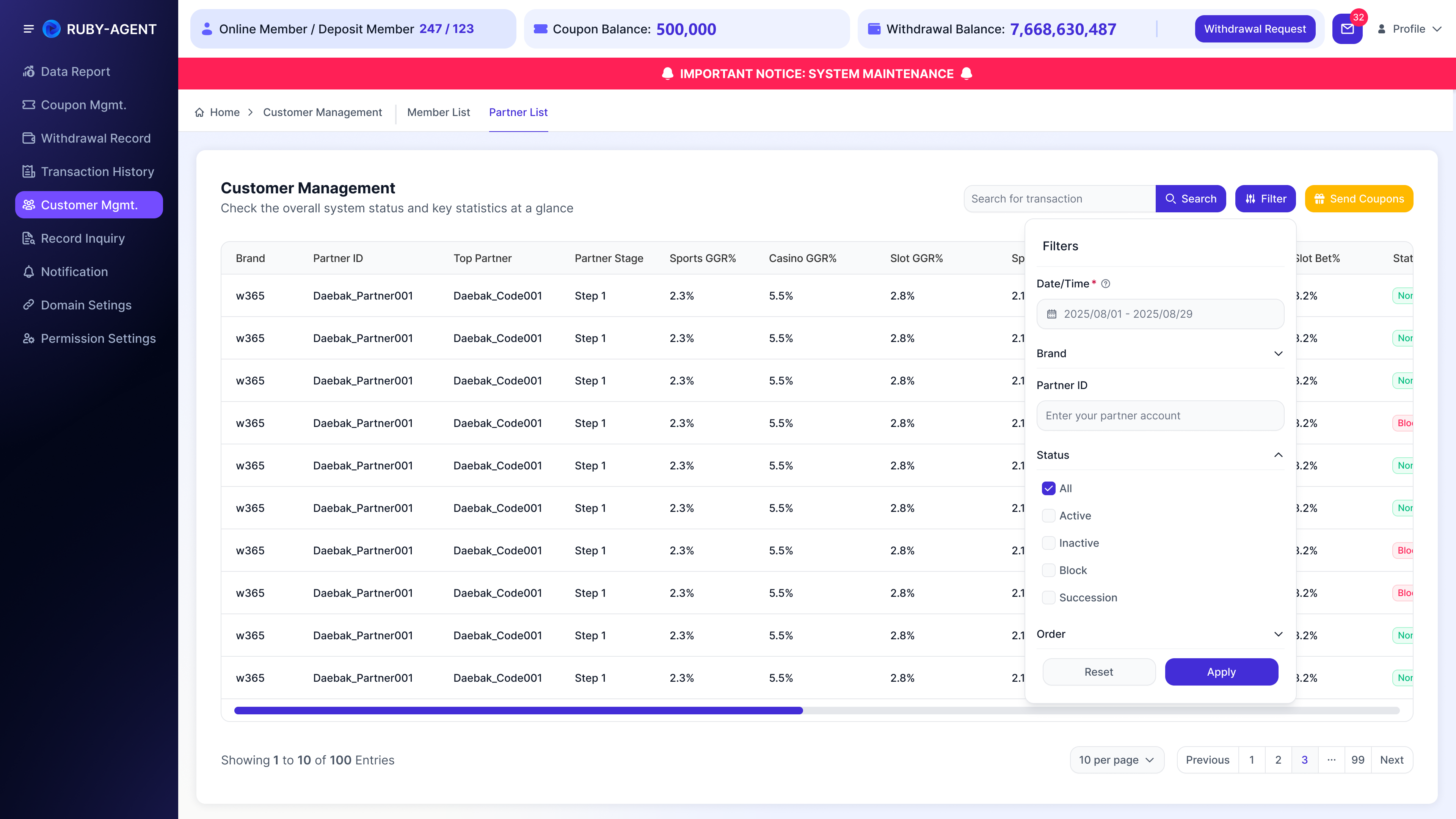 Customer Mgmt. - 4.5 Partner List - Status 筛选