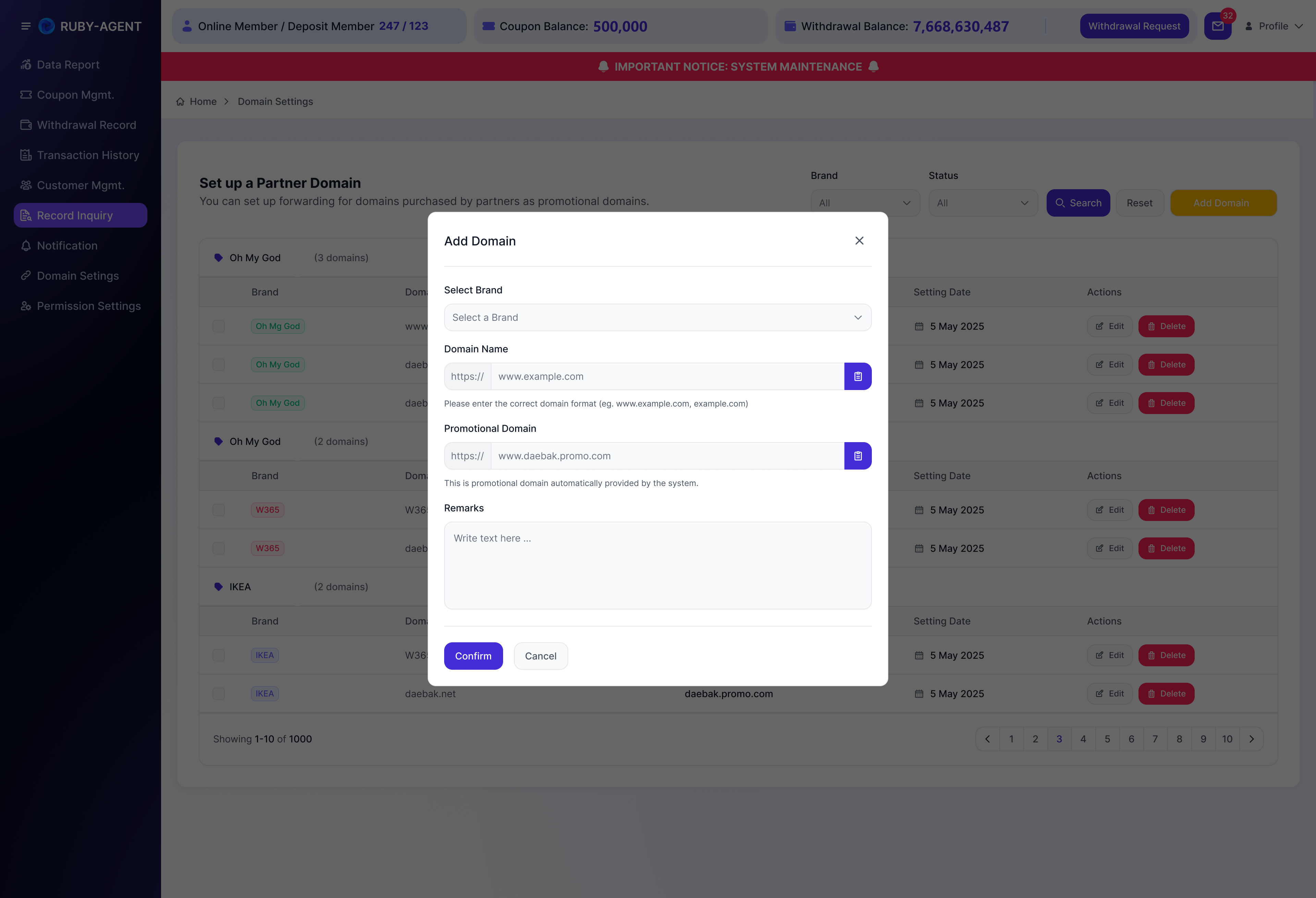 Domain Settings - 1.3 Add Domain 弹窗